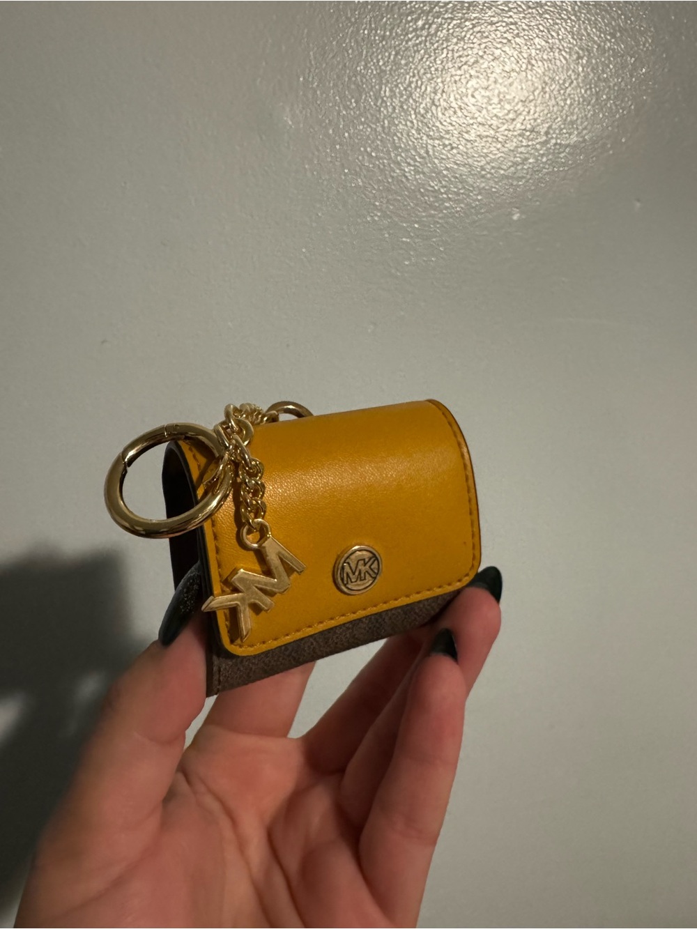 Michael Kors Mustard Yellow and Brown Keychain Card Holder with Gold Accents